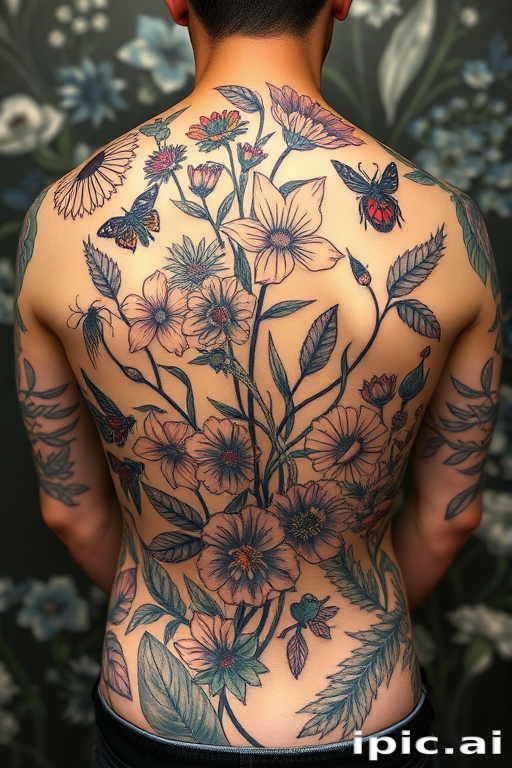 Enchanting botanical tattoo covering the entire back, showcasing a lush garden scene with detailed flowers, leaves, and insects, employing a combination of fine lines and soft coloring for a realistic effect