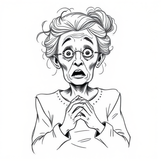 scribbly unfinished sketch, old lady with messy gray hair in a loose bun, surprised expression, mouth open, hands clasped together in front of her chest. Her eyes are wide, eyebrows are furrowed. vibe of shock or surprise.
