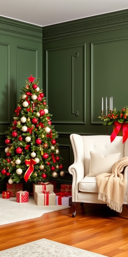 Create an image of a cozy living room decorated for the holidays. Include a beautifully adorned Christmas tree with red and white ornaments, placed next to a stylish white armchair. The walls should be a rich green color, featuring elegant paneling. Add a few wrapped presents near the tree and a soft blanket draped over the armchair. The flooring should be warm wood to enhance the inviting atmosphere.