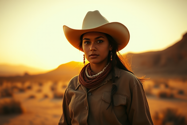 Dramatic photo of a beautiful Maori woman, classic cowboy attire, confident and free spirit expression, half-length portrait, centered, golden hour desert landscape, warm, diffused light, low angle, medium format film camera, in style of Annie Leibovitz.