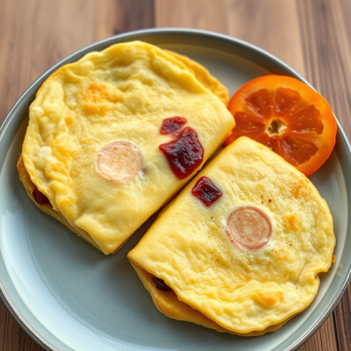 regenerate a high-quality image of two omelettes on a plate, with vibrant colors and details, using a DSLR camera with a 50mm lens at f/2.8, natural light, top-down view, and a shallow depth of field for enhanced focus on the omelettes