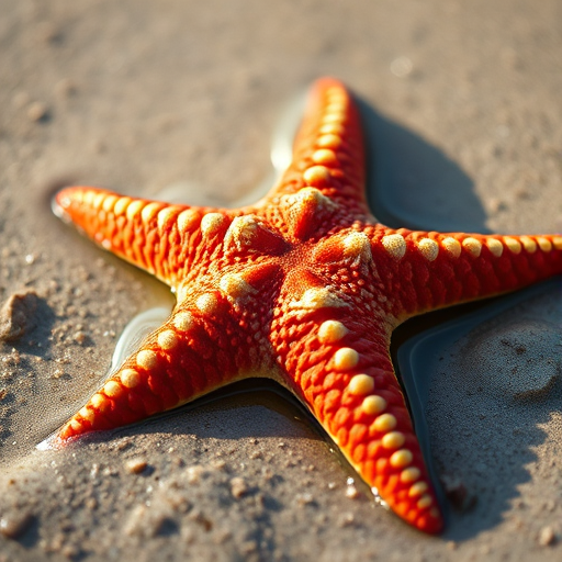 Capture a close-up view of a vibrant starfish on wet sand with soft natural lighting, using a macro lens, aperture set to f/2.8 for shallow depth of field, ISO 100 for clarity, and a shutter speed of 1/200 sec to freeze motion.