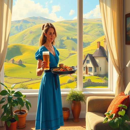 In "A Glass of Beer on the Highland," a serene scene is depicted in a sunlit room where a woman in a vibrant blue dress stands by a large window. She holds a tray with a hearty meal and a frothy glass of beer, embodying a moment of relaxation. Outside, the breathtaking highland landscape features rolling green hills and a charming traditional house, all bathed in warm afternoon light. The interior is adorned with potted plants, creating a harmonious blend of comfort and nature. The painting beautifully captures the tranquility and joy found in simple pleasures amidst stunning scenery