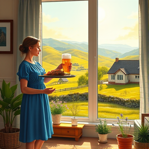 In "A Glass of Beer on the Highland," a serene scene is depicted in a sunlit room where a woman in a vibrant blue dress stands by a large window. She holds a tray with a hearty meal and a frothy glass of beer, embodying a moment of relaxation. Outside, the breathtaking highland landscape features rolling green hills and a charming traditional house, all bathed in warm afternoon light. The interior is adorned with potted plants, creating a harmonious blend of comfort and nature. The painting beautifully captures the tranquility and joy found in simple pleasures amidst stunning scenery