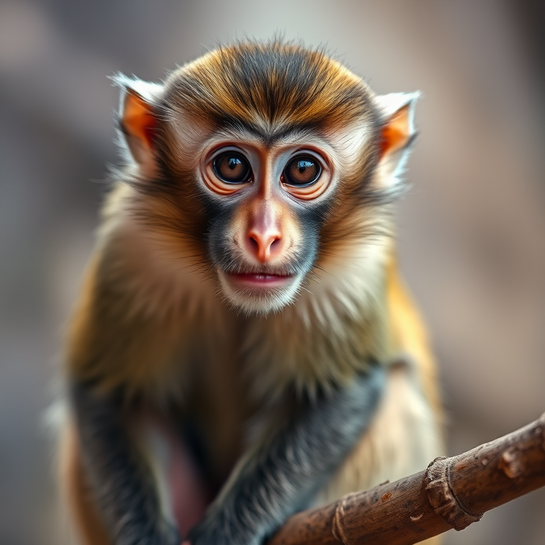A close-up portrait of a monkey sitting on a branch, with sharp focus on its expressive face, captured in natural light, using a DSLR camera with a 50mm lens at f/1.8, ISO 400, shutter speed 1/200s, and a shallow depth of field to emphasize the subject against a blurred background.