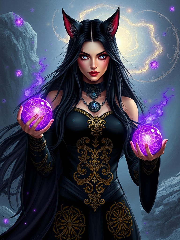 A powerful sorceress with long dark hair and cat ears, holding glowing purple orbs, intricate gold patterns on her black outfit, set against a mystical landscape with swirling energies, high resolution, 50mm lens, f/1.8 aperture, ISO 100, soft natural lighting, portrait format.