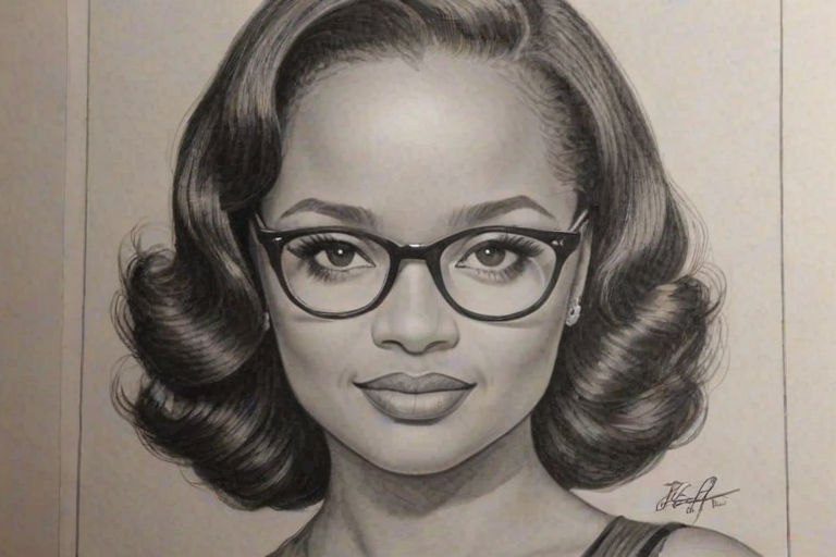 Lovely Kyla Pratt, pencil sketch, portrait of Dazzling woman 1936s in glasses, hair style beatnik, outline, clear lines, fine lines, 8k