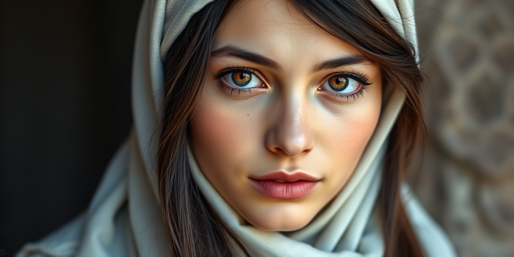 Create a portrait of a young Uzbek woman with long, dark hair and captivating hazel eyes. She is wearing a white headscarf and a matching scarf draped gracefully around her neck. The background is softly blurred, focusing attention on her serene and natural expression. The overall color palette is muted and warm, enhancing the intimate and authentic feel of the portrait.