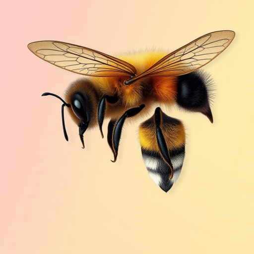 Create a detailed vector illustration of a bee with intricate wings against a soft gradient background, using a Canon EOS R5 camera, 50mm lens, f/1.8 aperture, ISO 100, and natural lighting for enhanced image quality.