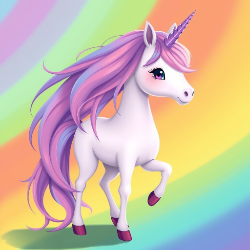 Create a whimsical illustration of a pastel-colored unicorn with a long flowing mane, standing gracefully with a rainbow background, captured in vibrant colors using a 50mm lens, f/2.8 aperture, soft focus style, digital painting to enhance image quality.