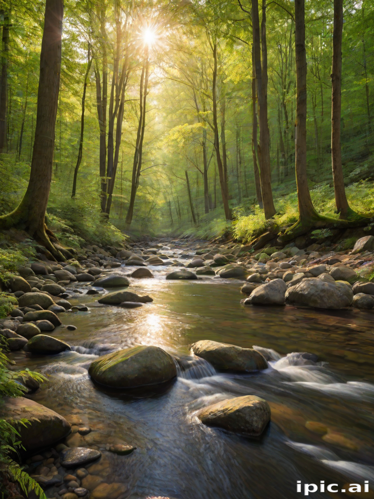 Create an image of a serene, sunlit forest scene with a clear, gently flowing river. Tall trees with lush green foliage line both sides of the river, their leaves bathed in the warm golden light of the setting or rising sun. The sunlight filters through the trees, casting soft, dappled light on the river, which flows over smooth rocks and pebbles, creating a peaceful, natural atmosphere. The sky is bright with a few scattered clouds, and the overall mood is tranquil, evoking a deep sense of connection with nature. The image captures the beauty of a calm, pristine forest landscape at either dawn or dusk.