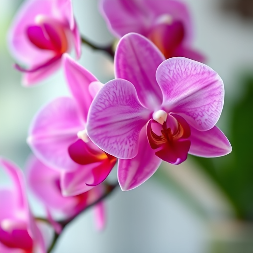 Close-up shot of vibrant pink orchids with soft focus background, aperture f/2.8, shutter speed 1/200, ISO 100, macro lens, natural light, DSLR camera, high saturation.