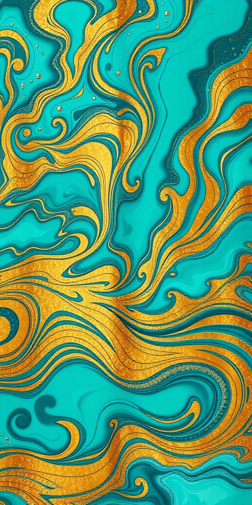 create an abstract art image featuring fluid turquoise and gold designs with intricate details, high contrast, and vibrant colors, captured with a DSLR camera using a 50mm lens, f/1.8 aperture, ISO 100, and a shallow depth of field for enhanced focus and clarity