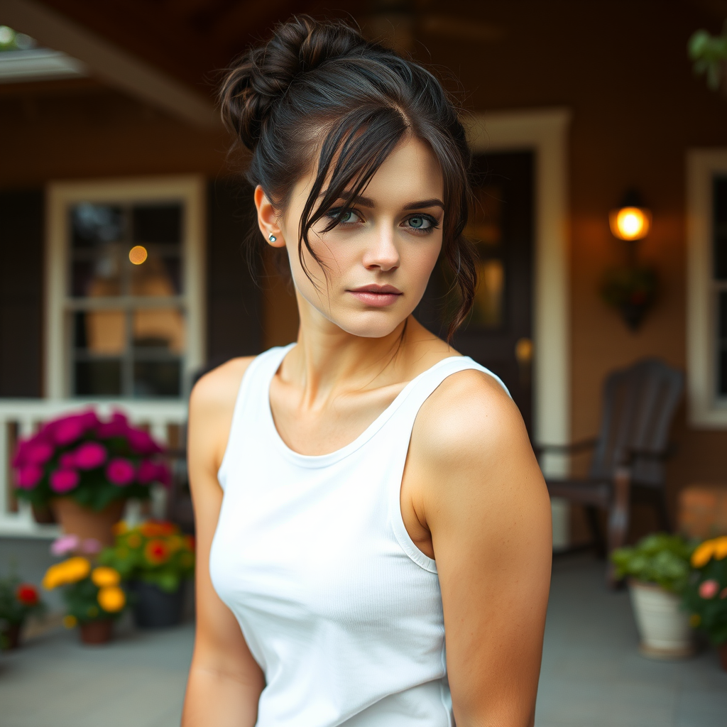 A photo of Kristen Stewart with a background of a cozy porch. She has dark hair pulled back in an updo, with tendrils framing her face. She wears a white tank top and sits on the porch. The porch is part of a well-lit home with a warm, earthy tone and colorful flowers and foliage. The overall scene has a warm, welcoming, and comfortable ambiance.