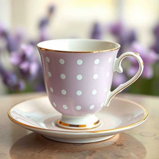 Regenerate a digital illustration of a lavender polka-dotted teacup on a beige saucer, using a Canon EOS 5D Mark IV camera with a 50mm lens, f/1.8 aperture, ISO 100, and a shallow depth of field to create a soft background blur for enhanced focus on the teacup.