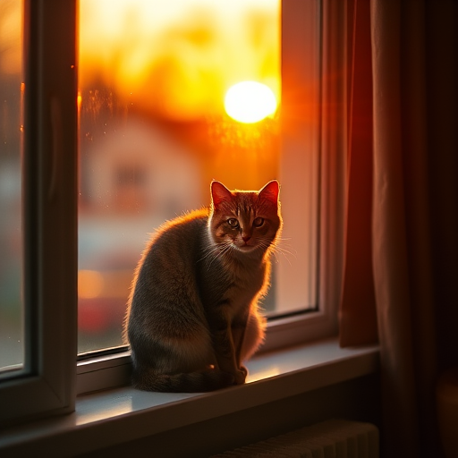 Create a high-resolution image of a cat sitting on a windowsill during sunset, with a shallow depth of field, using a Canon EOS 5D Mark IV, 50mm lens, f/1.8 aperture, ISO 200, and soft natural light for enhanced warmth and detail.