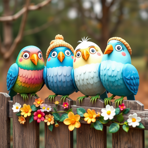 create a scene of 4 quirky  whimsical colourful comical birds each with a funny expression. they are sat on a wooden fence with colourful flowers. they are all different sizes. each one is a different colour  one is wearing a woolly hat. Each one has a different quirky google expression and there is a muted background of trees watercolour paintierly style high definition 8k resolution 3D paper mache