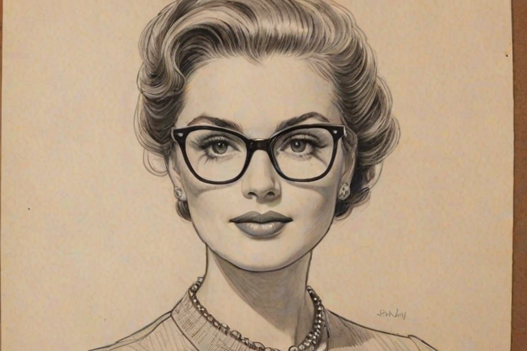 Radiant Kathryn Gallagher, pencil sketch, portrait of Exquisite woman 1955s in glasses, hair style beatnik, outline, clear lines, fine lines, 8k