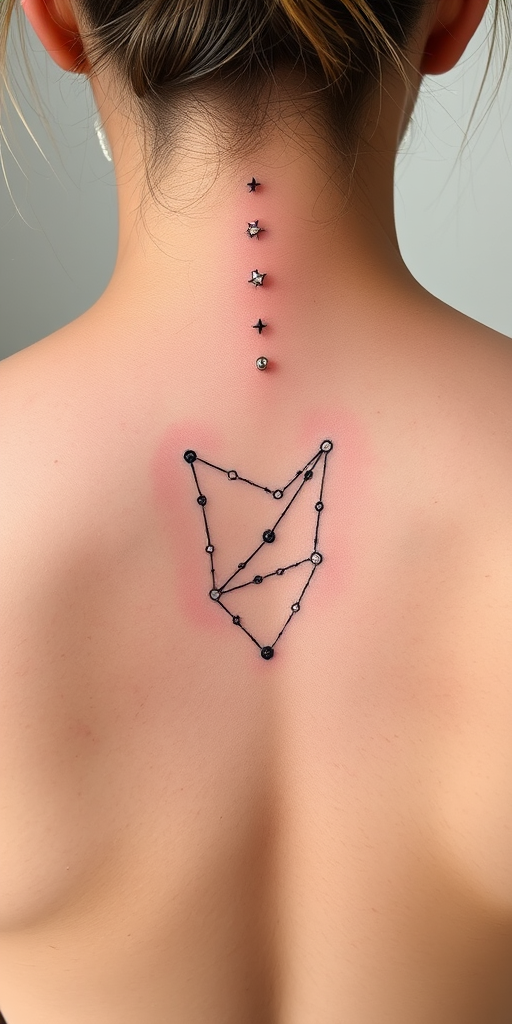 Minimalist fine line constellation tattoo connecting delicate stars and celestial bodies, forming a personalized zodiac map across the spine, with subtle touches of white ink for added dimension