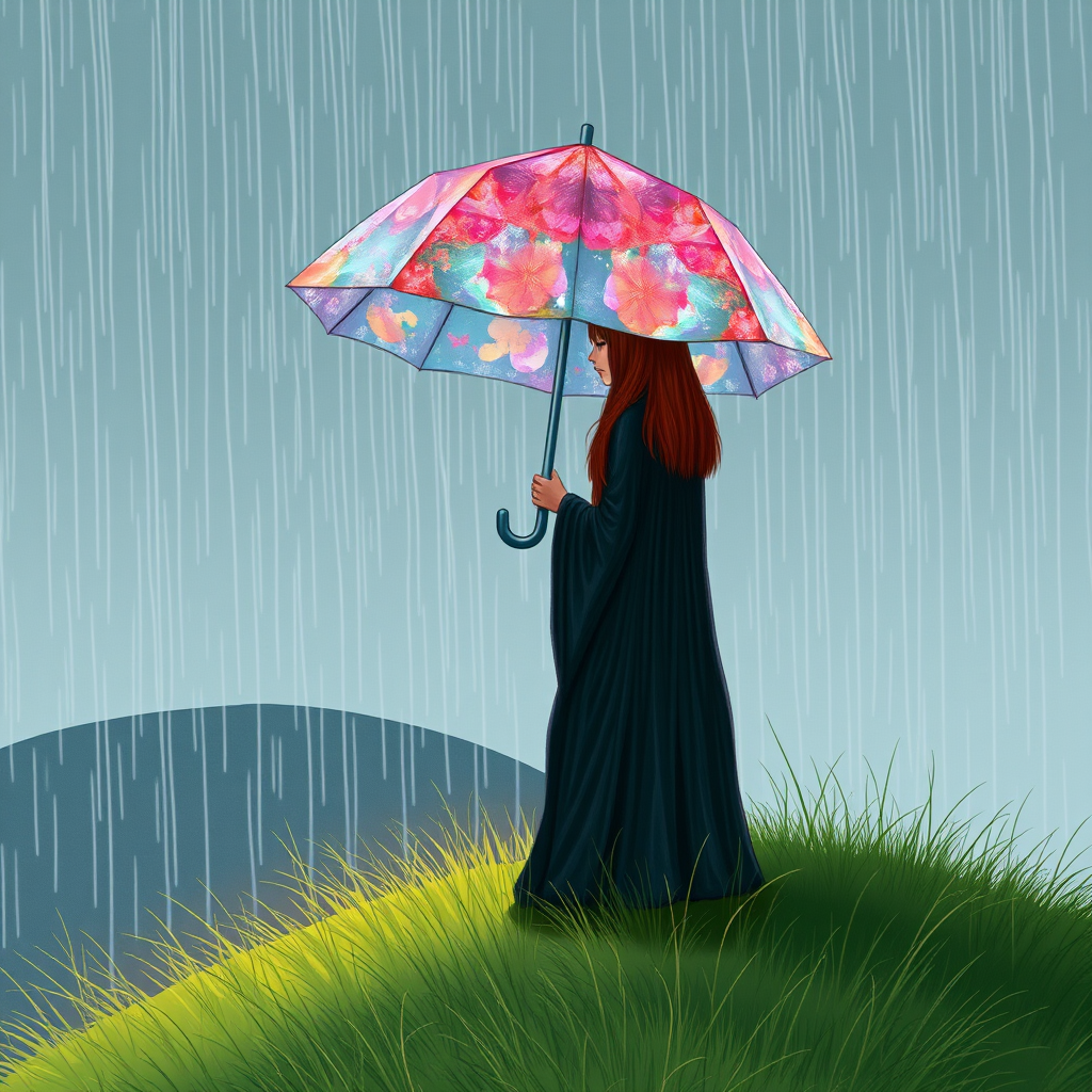 A surreal hand-drawn digital artwork depicting a mysterious red-haired woman standing on a grassy hill under the rain. She holds an umbrella crafted from iridescent zircon, its vibrant sheen contrasting with the soft, rainy atmosphere. The scene feels dreamlike, blending the natural elements of the hill and rain with the otherworldly shimmer of the umbrella.