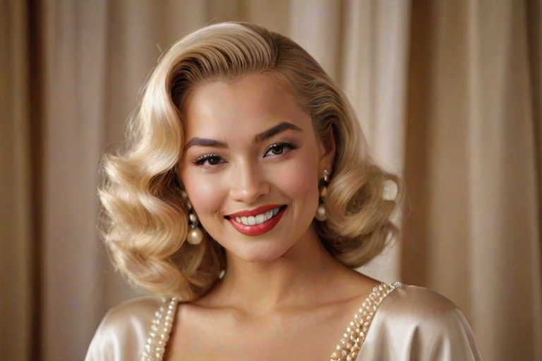 A beautiful Tahitian woman reminiscent of 1950s Hollywood glamour, with perfectly styled blonde hair and a seductive smile, dressed in a satin blouse and adorned with pearls, soft and warm tones, photorealistic, 8K