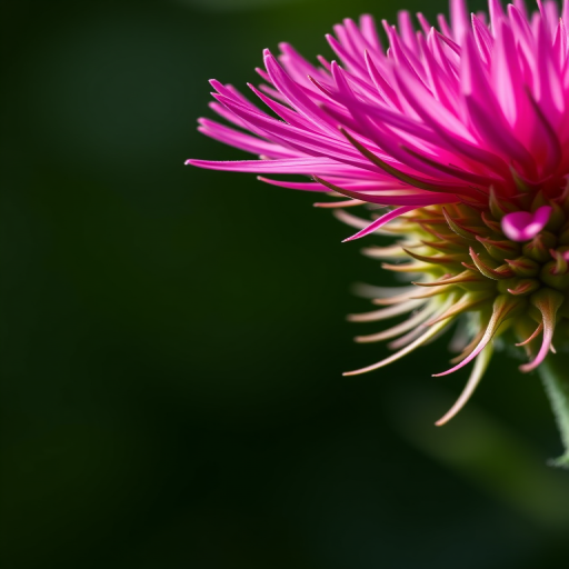 A close-up of a vibrant pink flower with spiky petals against a soft-focused dark green background, taken with a Canon EOS R5, 85mm f/1.4 lens, ISO 200, aperture f/2.8, shutter speed 1/200s, in natural light with a shallow depth of field.