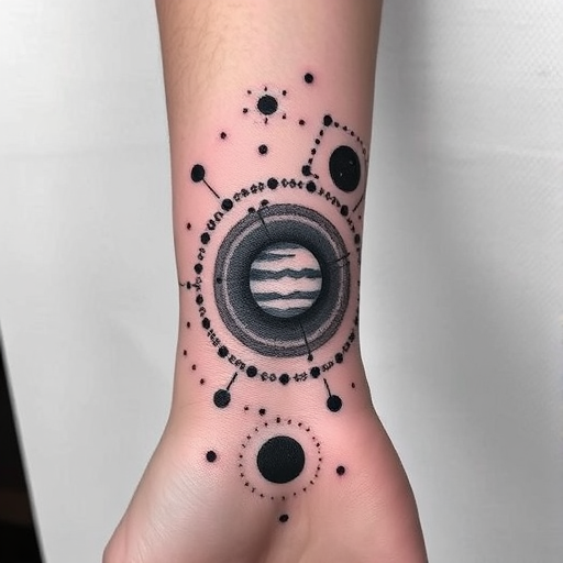 Cosmic dotwork tattoo of the solar system wrapping around the wrist, using precise stippling techniques to create gradients and textures for a celestial masterpiece