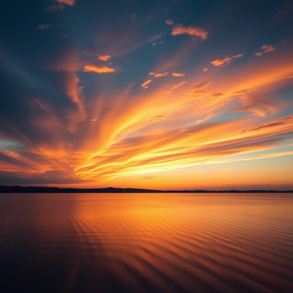 Create a high-resolution image of a scenic sunset over a calm lake with vibrant colors in the sky, using a Canon EOS 5D Mark IV, 50mm lens, aperture f/1.8, shutter speed 1/2000s, ISO 100, shot at eye level for a natural perspective, in landscape orientation.