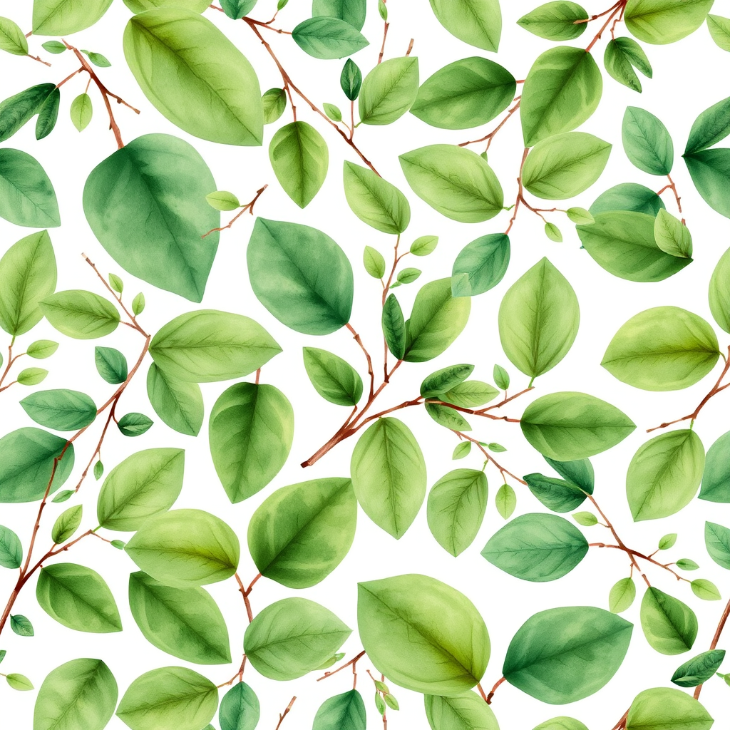 Create a seamless repeating pattern of various green leaves and branches on a white background, featuring watercolor textures and soft, natural tones.