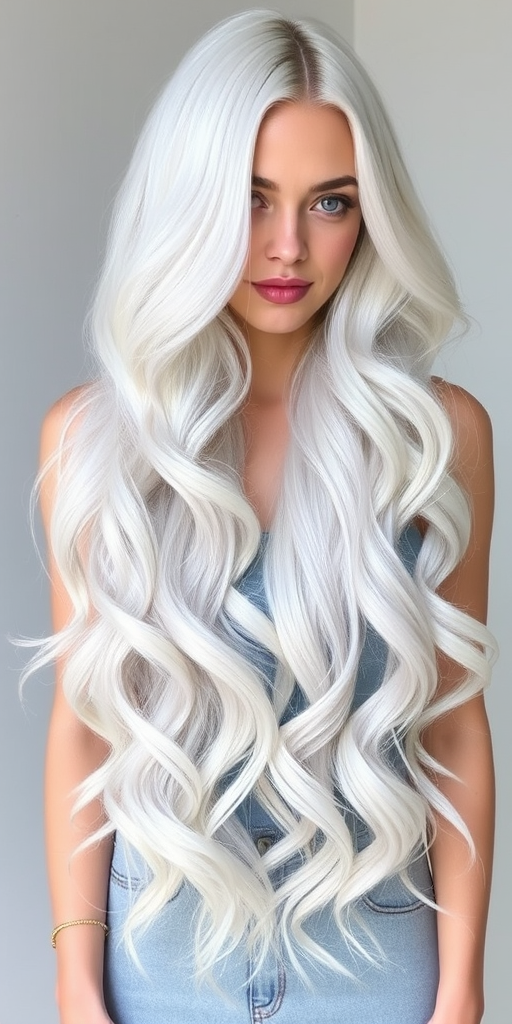 Ethereal white-blonde mermaid waves named "Frost Maiden" featuring ultra-long layers, icy platinum hue with subtle silver highlights, soft cascading curls reaching hips, face-framing pieces delicately styled