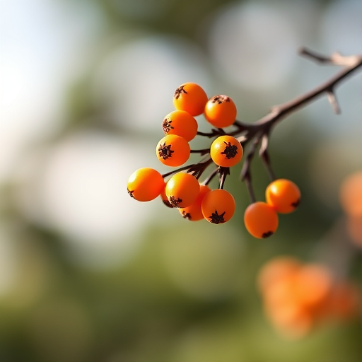 Generate a high-quality close-up photograph of a decorative branch with vibrant orange berries, using a DSLR camera with a 50mm lens at f/2.8, ISO 100, 1/200 sec, shot in natural light against a softly blurred gradient background.