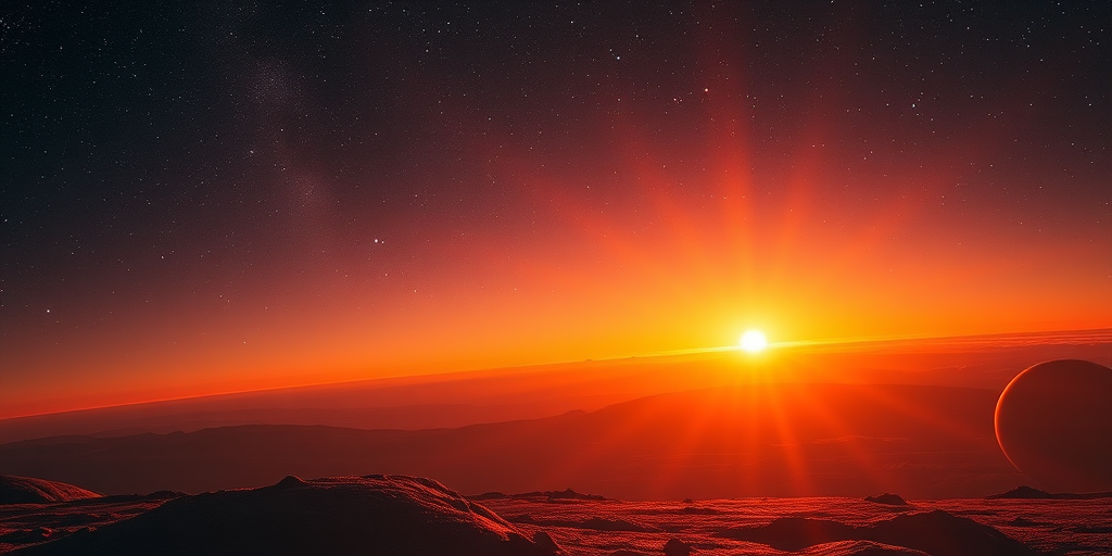 Create a high-resolution image of a cosmic scene featuring a vibrant sunset on a distant planet, captured with a Canon EOS R5, 24mm lens, f/2.8 aperture, ISO 100, with a wide-angle view to emphasize the horizon and radiant sunbeams, using a soft focus style for a dreamy atmosphere.