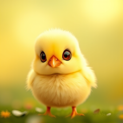 Create a vibrant illustration of a cute, round yellow chick with large, expressive eyes, set against a softly blurred background for depth; use a Canon EOS R5 with a 50mm f/1.2 lens, aperture set to f/2.8 for a shallow depth of field, ISO 100, and a soft natural lighting setup.
