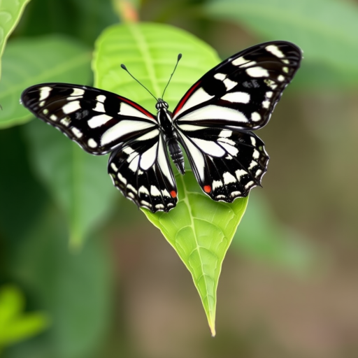Generate an image of a butterfly perched on a green leaf. The butterfly should have striking patterns with black and white stripes, along with hints of red. The background should feature soft, blurred greenery to create a natural setting. Focus on the intricate details of the butterfly's wings and the textures of the leaf.