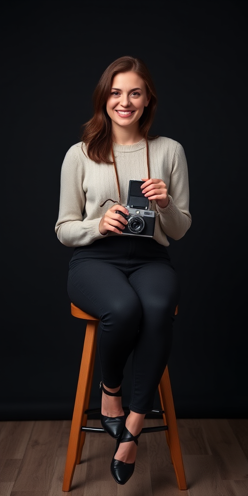 portrait of a woman sitting on a stool holding a vintage camera with a soft smile, indoor studio setting, black background, low light photography, aperture f/2.8, shutter speed 1/125s, ISO 200, 50mm lens, DSLR camera
