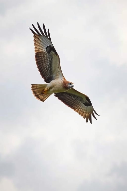 Capture a high-resolution image of a hawk in mid-flight against a cloudy sky, using a Canon EOS-1D X Mark III, 400mm lens, f/5.6 aperture, ISO 400, shutter speed 1/2000s, focus mode AI Servo, with a slightly upward camera angle to emphasize the bird's wingspan.