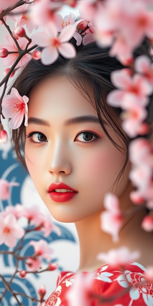 Create a highly detailed portrait of a woman with flowers in her hair, surrounded by stylized waves and cherry blossoms, using a Canon EOS R5 with a 50mm f/1.2 lens at ISO 100, aperture f/2.8, and a soft focus style for a dreamy effect.