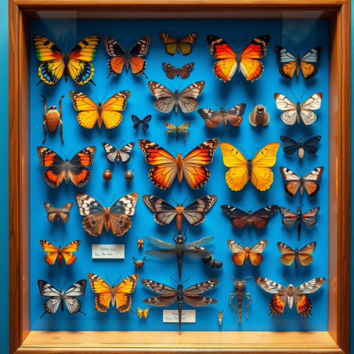 Create an image of a display case featuring a variety of insects and butterflies arranged on a bright blue background. Include a mix of colorful butterflies, a centipede, and dragonflies, all meticulously positioned. The case should have a wooden frame, and some specimens should have labels attached.