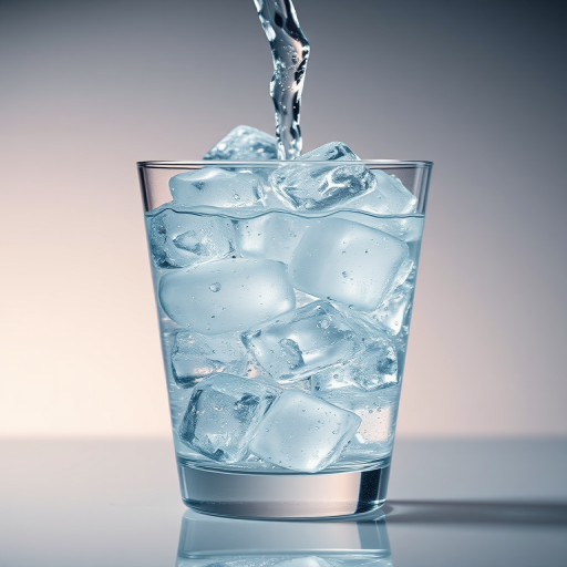 high-speed photography of a glass filled with water and ice cubes, pouring water from above, f/2.8 aperture, 1/1000s shutter speed, ISO 200, 85mm lens, macro view, DSLR camera