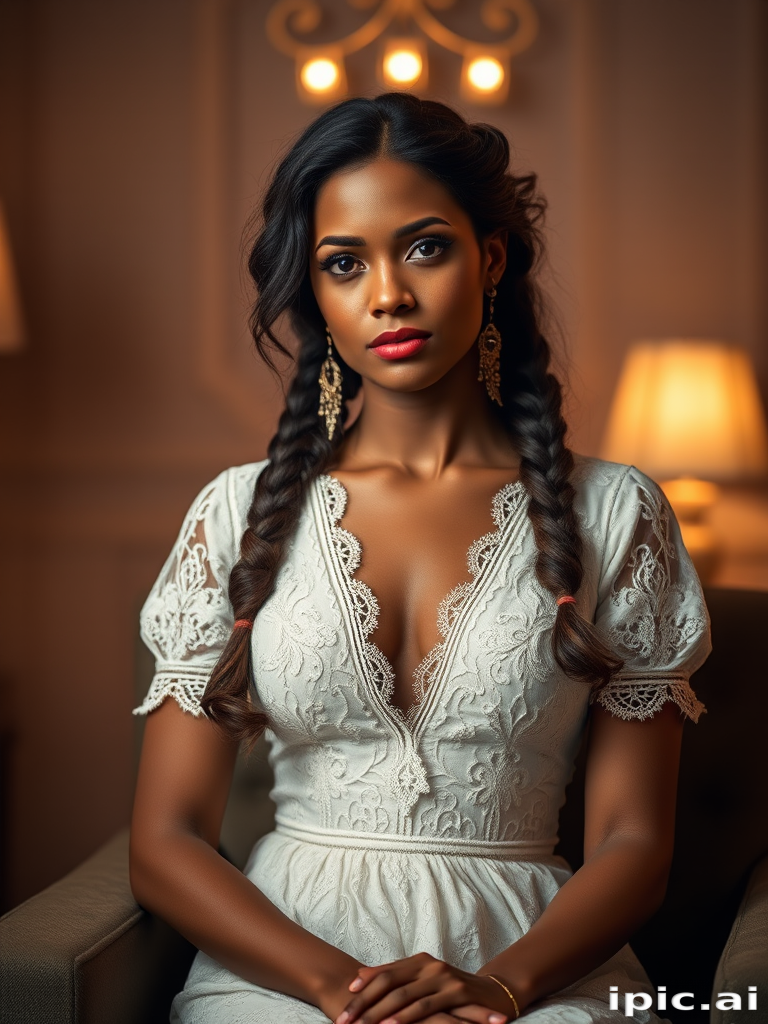 Create a portrait of a refined and elegant woman seated in a sophisticated setting. She has long, wavy hair styled in two thick braids that are pulled over her shoulders. She wears a white, lace gown with intricate patterns, featuring a deep V-neckline and short sleeves. The dress exudes a vintage charm with its delicate lacework. She is adorned with ornate, dangling earrings that add a touch of glamour to her appearance. The background is softly lit, with warm, ambient lighting that creates a cozy and inviting atmosphere. Her expression is poised and serene, capturing a sense of grace and elegance.
