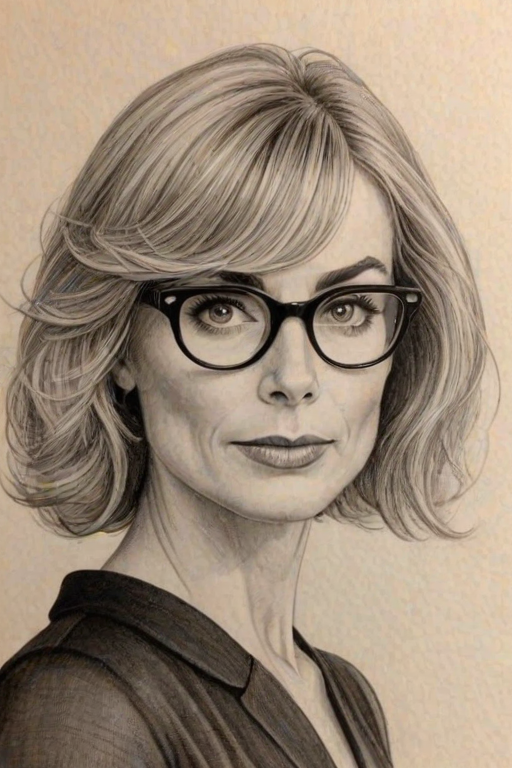 Beauteous Eileen Davidson, pencil sketch, portrait of Delightful woman 1921s in glasses, hair style beatnik, outline, clear lines, fine lines, 8k