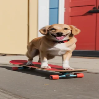 dog on red skateboard