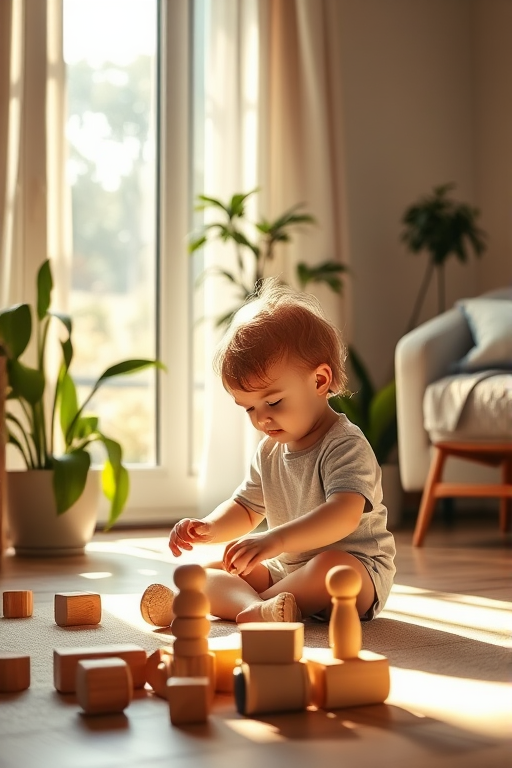 Warm, intimate image of a child playing with wooden toys on a living room floor, soft sunlight streaming through a window, shadows from houseplants dancing on the walls, the smell of fresh coffee brewing in the background.