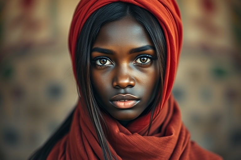 Create a portrait of a young Zulu woman with long, dark hair and captivating hazel eyes. She is wearing a red headscarf and a matching scarf draped gracefully around her neck. The background is softly blurred, focusing attention on her serene and natural expression. The overall color palette is muted and warm, enhancing the intimate and authentic feel of the portrait.