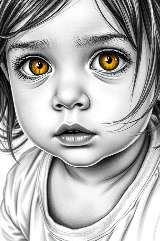 A hyperdetailed photorealistic black and white sketch of a beautiful toddler with deep Yellow eyes, with a macro focus