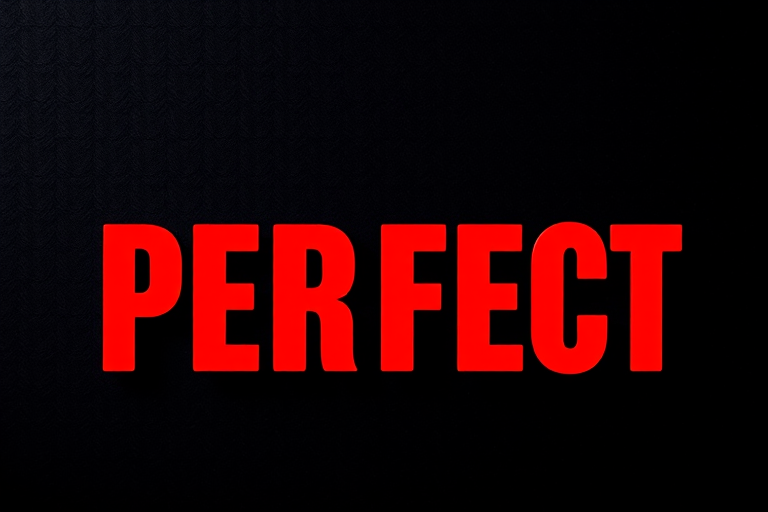 Create an image with the word "PERFECT" in bold red letters against a textured black background, shot with a DSLR camera, aperture f/2.8, ISO 100, 50mm lens, in a straight-on view with soft lighting for enhanced clarity.