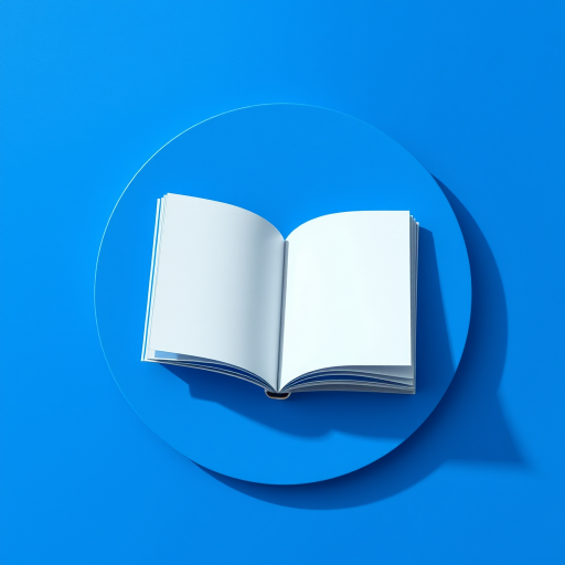 Create a minimalist icon of an open booklet on a vibrant blue circular background, using a DSLR camera with a 50mm lens, aperture set to f/1.8, ISO 100, shot in natural light with a slight shadow effect for depth.