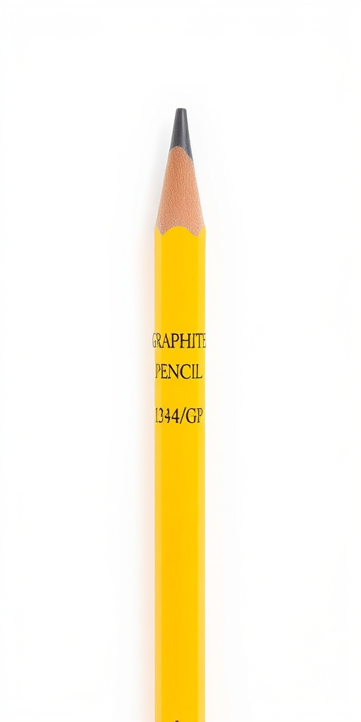 Generate an image of a yellow graphite pencil labeled "GRAPHITE PENCIL 1234/S/GP" with "SOFT" written on it, captured using a DSLR camera with a 50mm lens at f/2.8, 1/100 sec exposure in natural lighting with a clean white background.