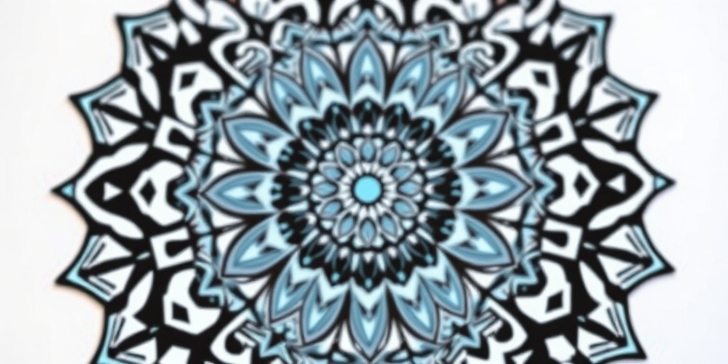 Create a detailed mandala with intricate patterns and a color palette of light blue and black, using a DSLR camera with a 50mm lens at f/2.8, ISO 100, and a sharp focus, captured from a top-down view to enhance clarity and symmetry.