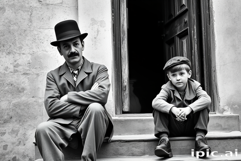 A black-and-white photograph of a man and a child sitting on steps in front of a doorway. The man is dressed as a tramp with a bowler hat, mustache, and ragged clothes, reminiscent of Charlie Chaplin's iconic look. He is sitting with his arms crossed and an expression of slight sadness or frustration. Next to him is a young boy, also in worn clothes and a cap, sitting with his hands clasped, looking thoughtful. The background is an old, textured wall and a partially open door, creating a vintage, early 20th-century atmosphere.